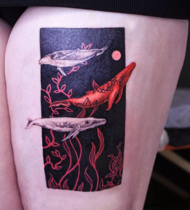 Shark Rectangle Tattoo on Thigh