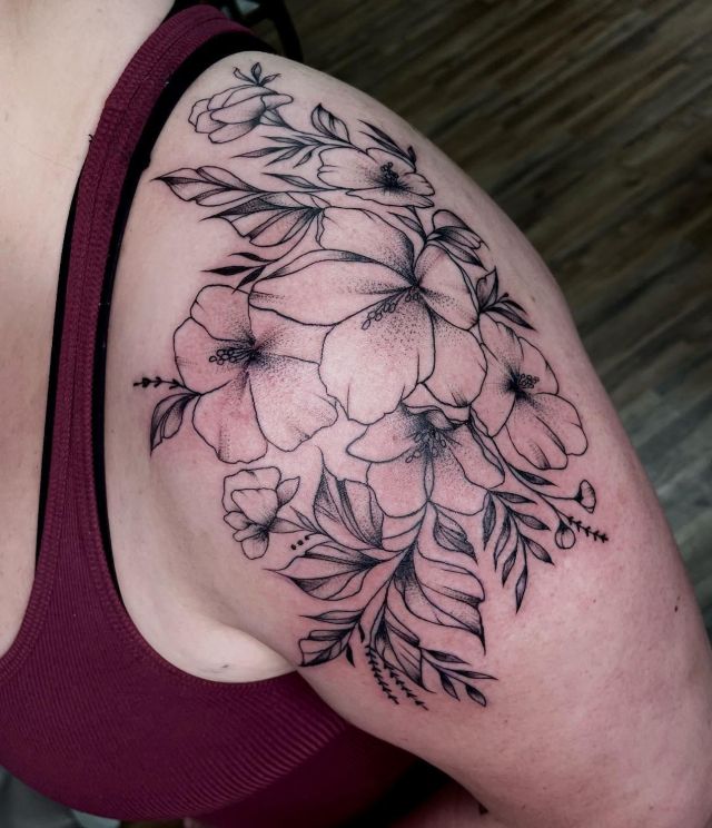 Pretty Floral Shoulder Cap Tattoo to Start a Sleeve