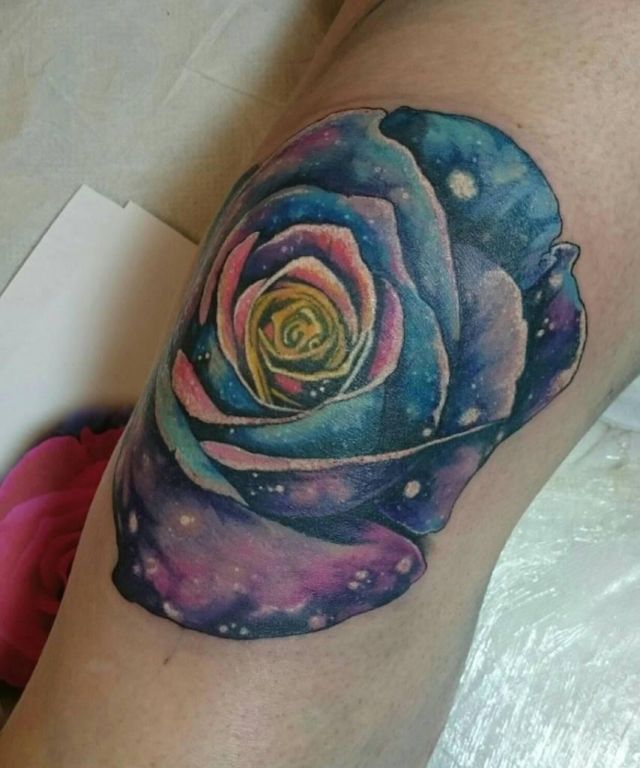 Unique Space Rose Tattoo on Knee