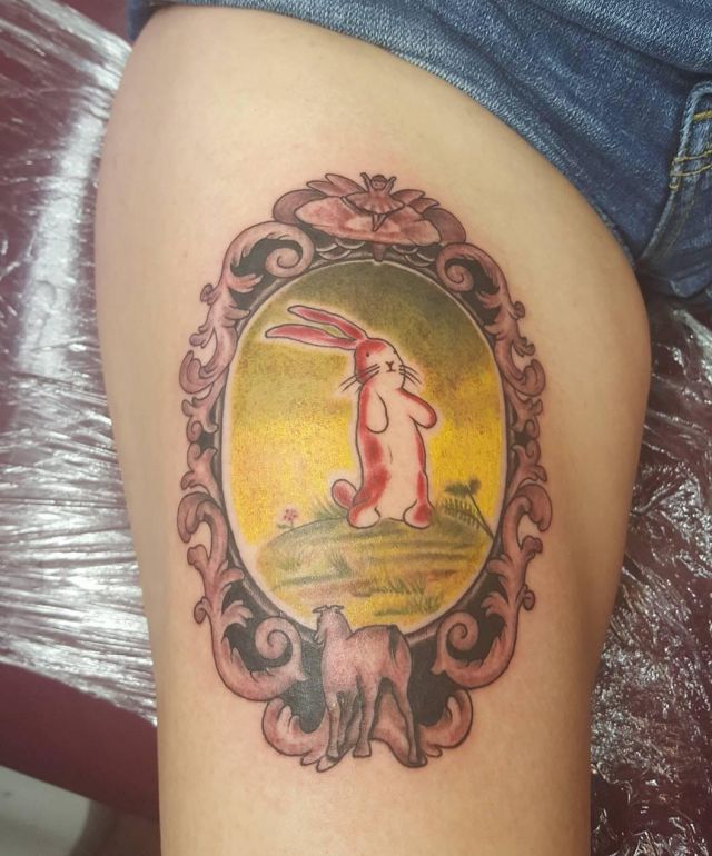 Oval Photo Frame Velveteen Rabbit Tattoo on Thigh