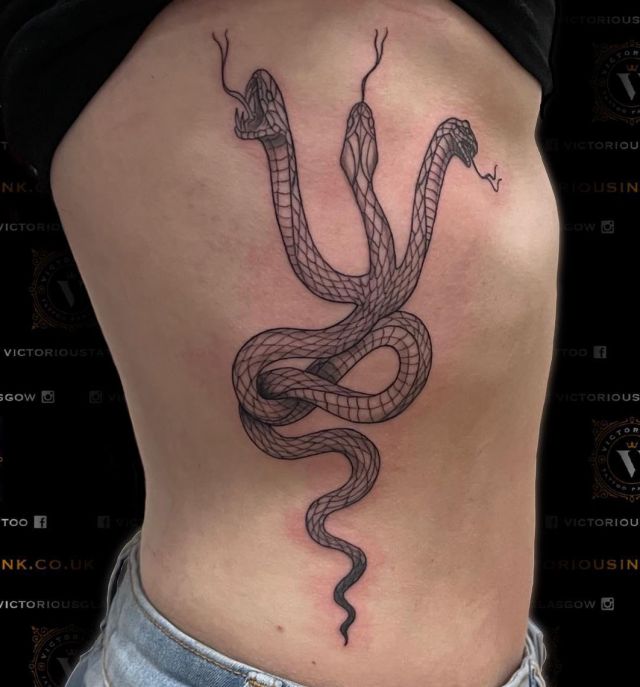 Unique 3 Headed Snake Tattoo on Stomach