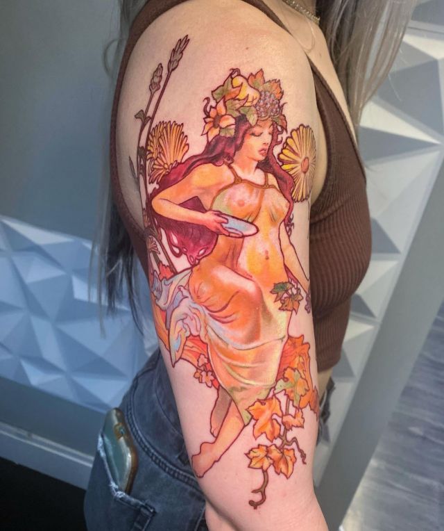 Sexy Alphonse Mucha Tattoo on Upper Arm