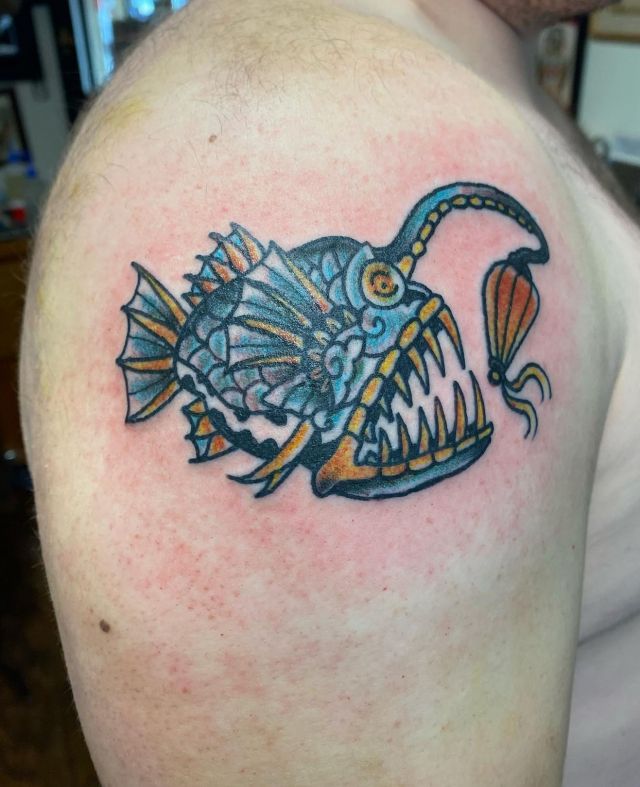 Colored Angler Fish Tattoo on Shoulder