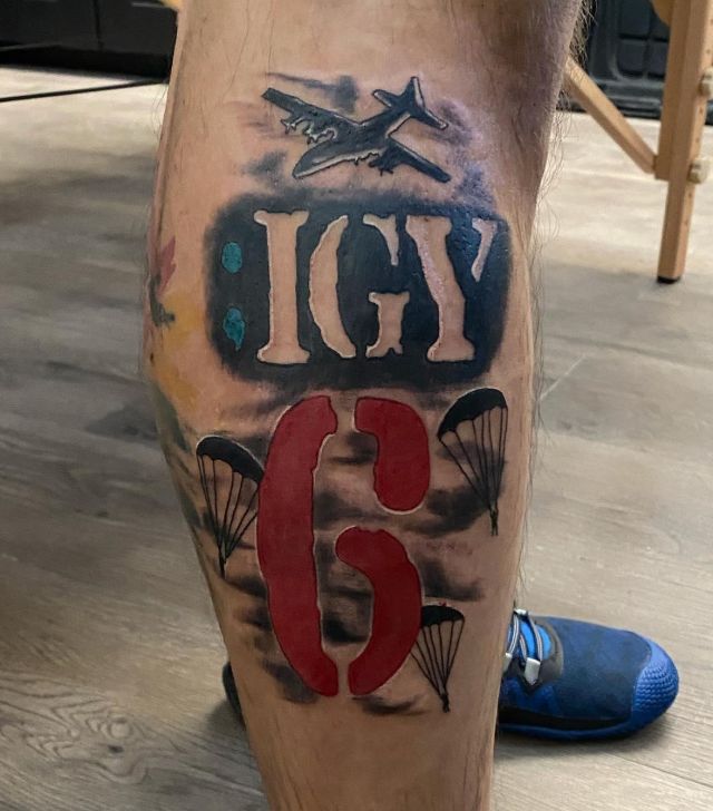 Airplane Parachute and IGY6 Tattoo on Leg
