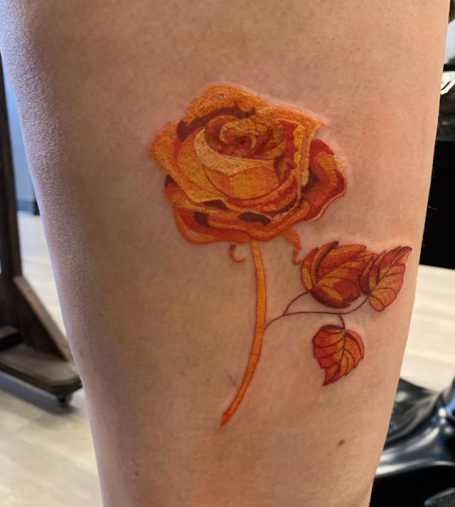 Beautiful Orange Rose Tattoo on Leg
