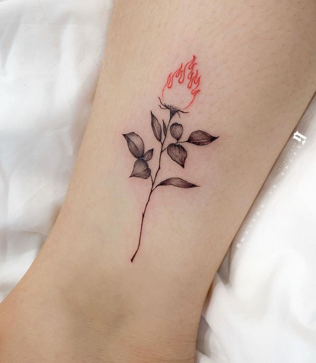 Simple Rose on Fire Tattoo on Leg