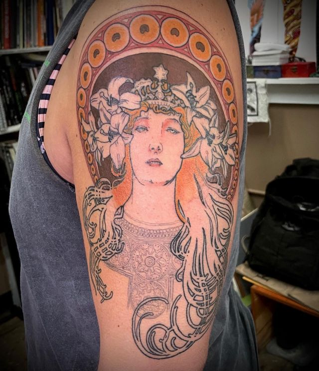 Beautiful Alphonse Mucha Tattoo on Shoulder