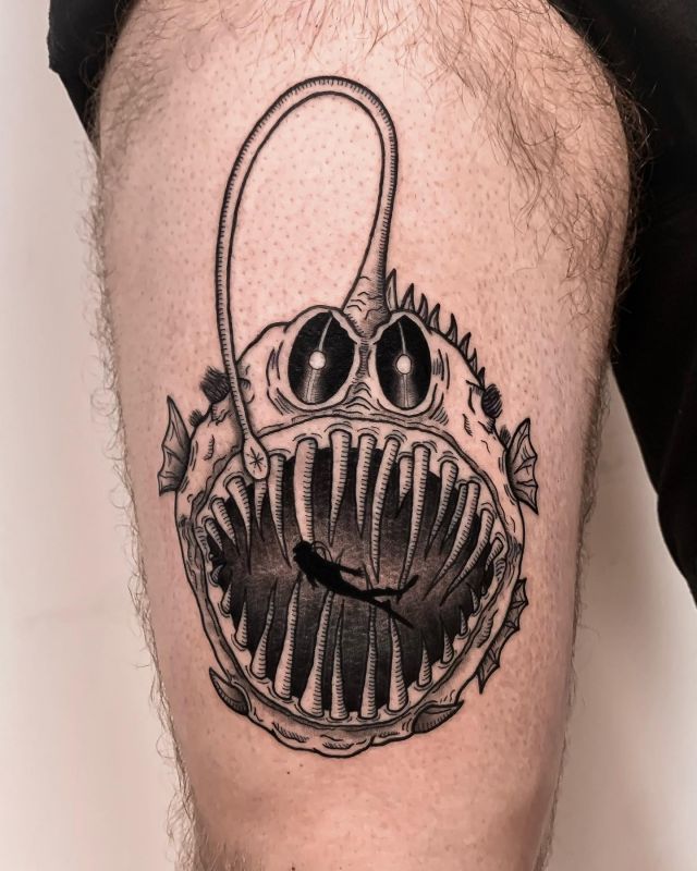 Unique Angler Fish Tattoo on Thigh