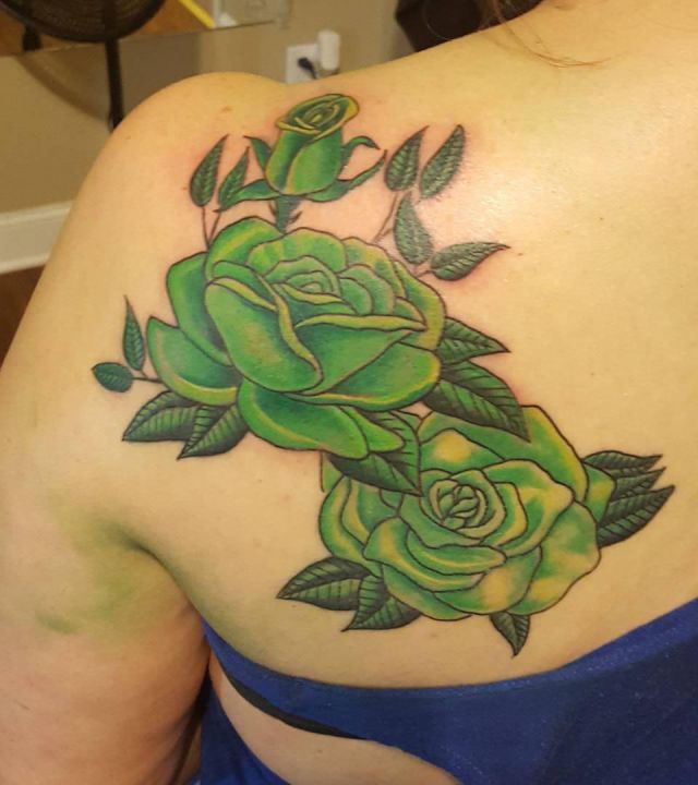 Green Rose Tattoo on Shoulder