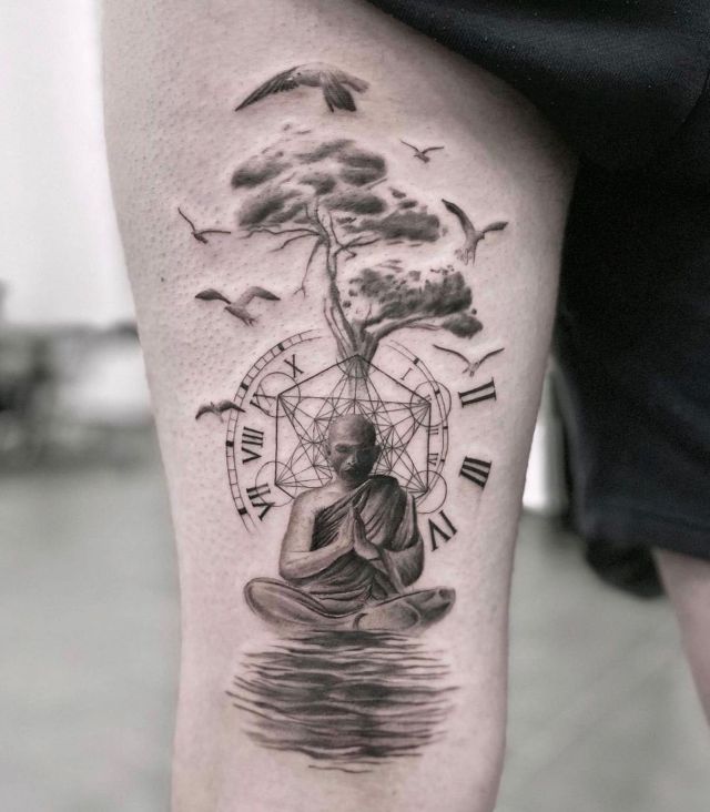 Elegant Meditation Tattoo on Thigh