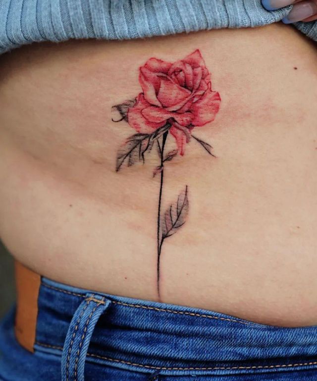 Charming Pink Rose Tattoo on Waist