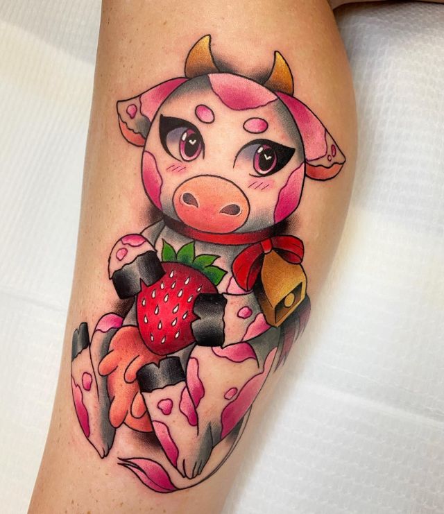 Cute Strawberry Cow Tattoo on Leg