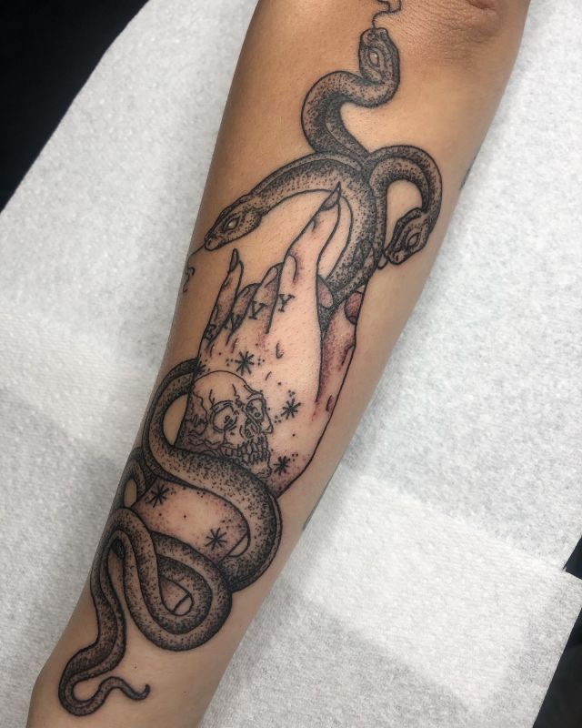 Mudra 3 Headed Snake Tattoo on Arm