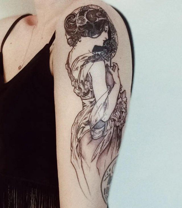 Elegant Alphonse Mucha Tattoo on Shoulder