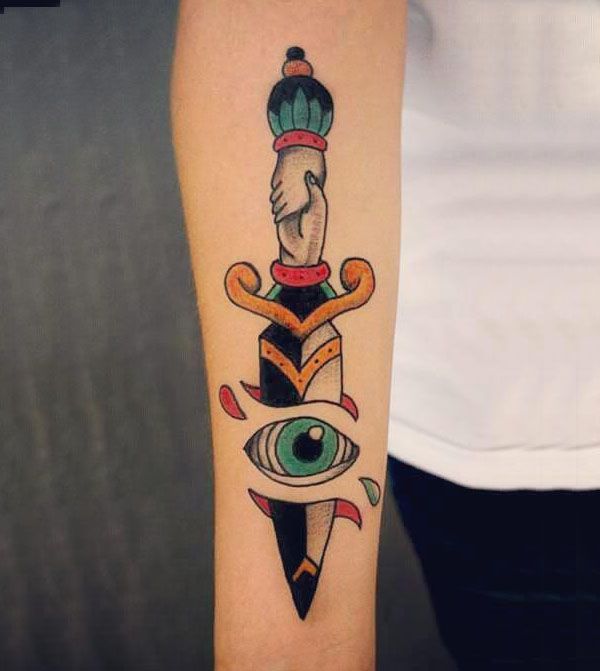 Elegant Dagger Eye Tattoo on Forearm