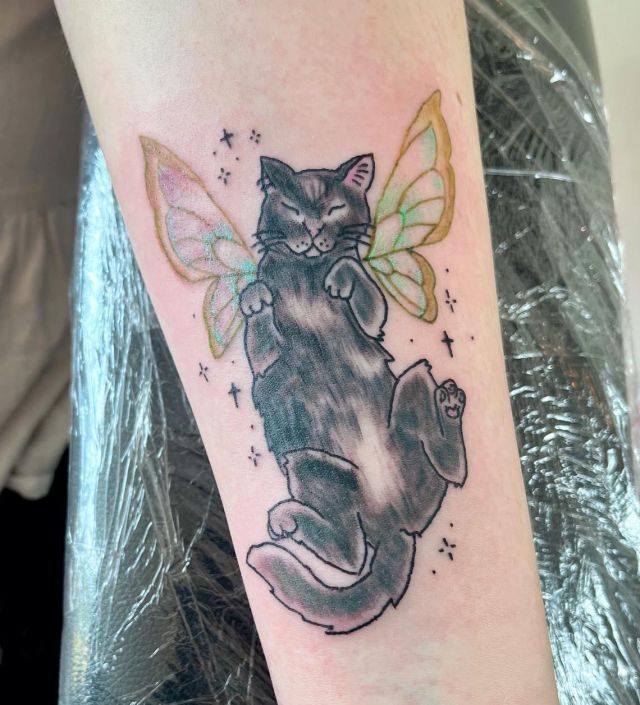 Black Fairy Cat Tattoo on Arm