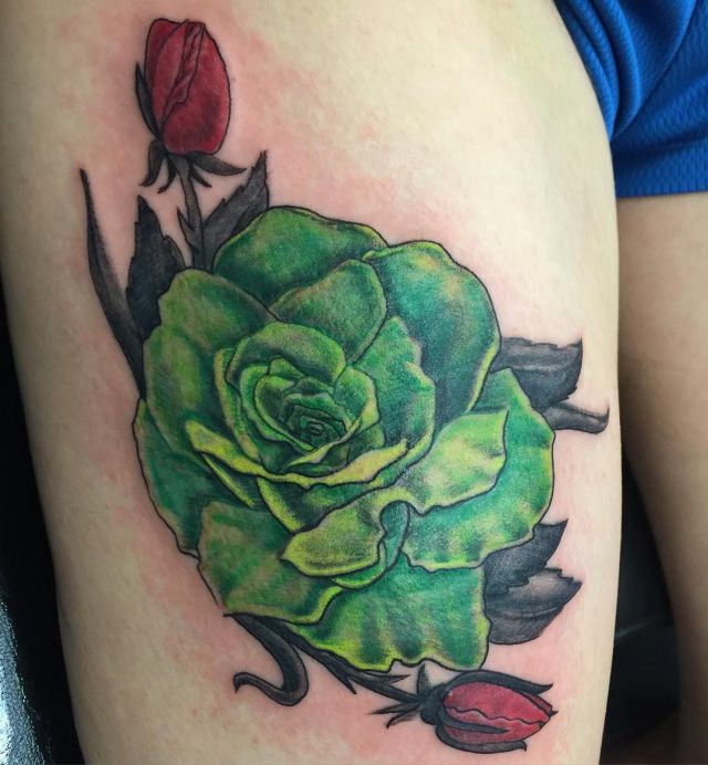 Green Rose Tattoo on Thigh