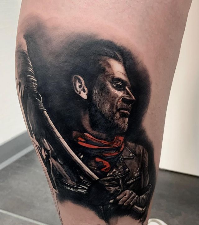 Excellent Negan Tattoo on Leg