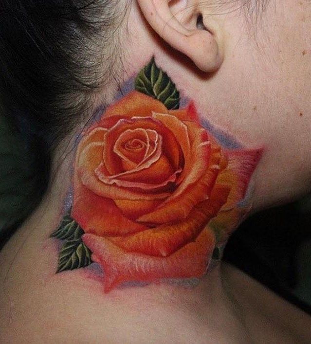 Elegant Orange Rose Tattoo on Neck