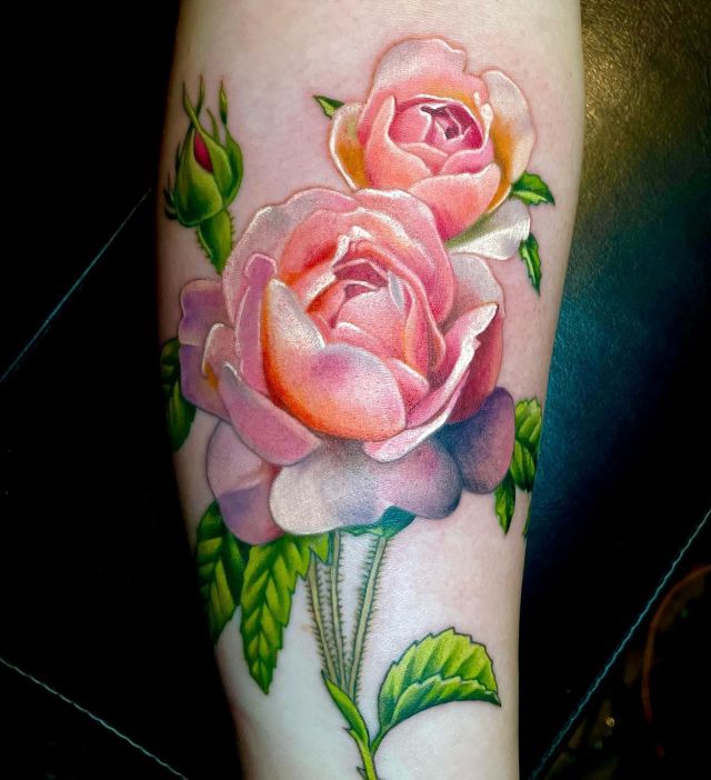 Pink Rose Tattoo on Leg