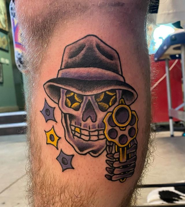 Skull Revolver Tattoo on Leg
