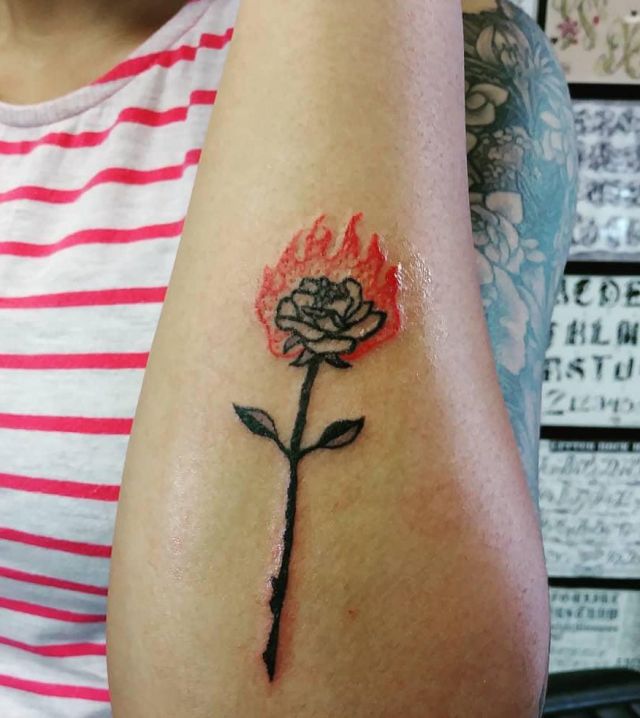 Pretty Rose on Fire Tattoo on Arm