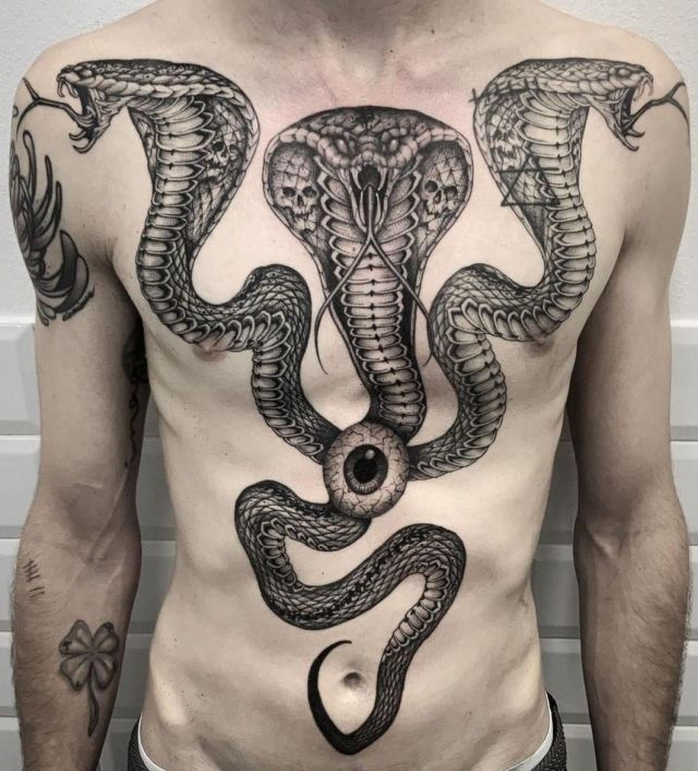 Huge 3 Headed Snake Tattoo on Chest
