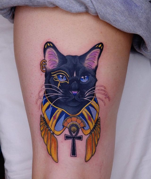 Elegent Bastet Tattoo on Thigh