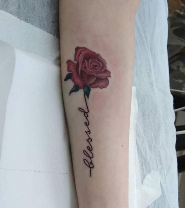 Beautiful Blessed Rose Tattoo on Forearm