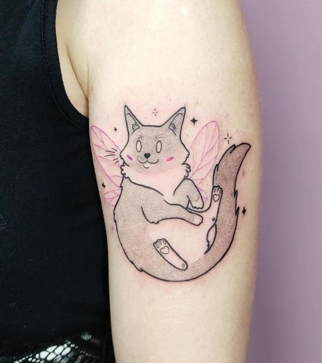 Simple Fairy Cat Tattoo on Upper Arm