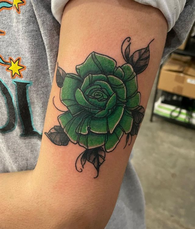 Unique Green Rose Tattoo on Arm