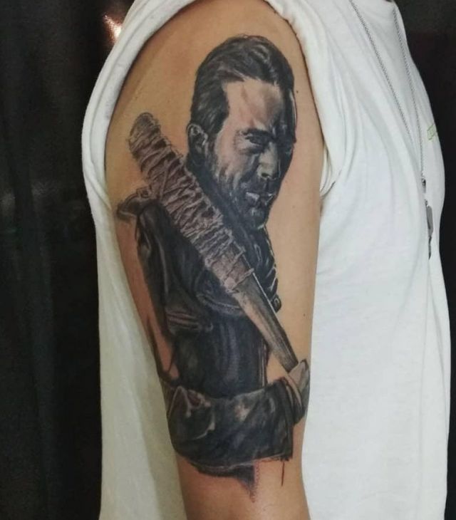 Black Negan Tattoo on Shoulder
