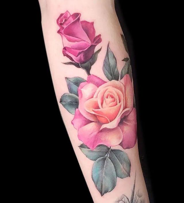 Beautiful Pink Rose Tattoo on Arm