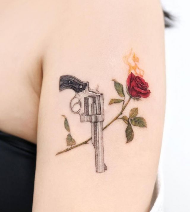 Rose Revolver Tattoo on Shoulder