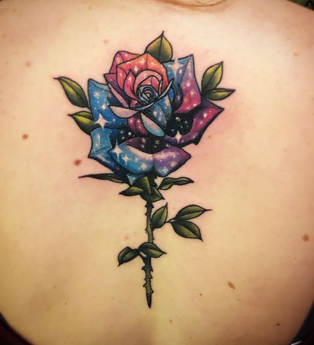 Elegant Space Rose Tattoo on Back