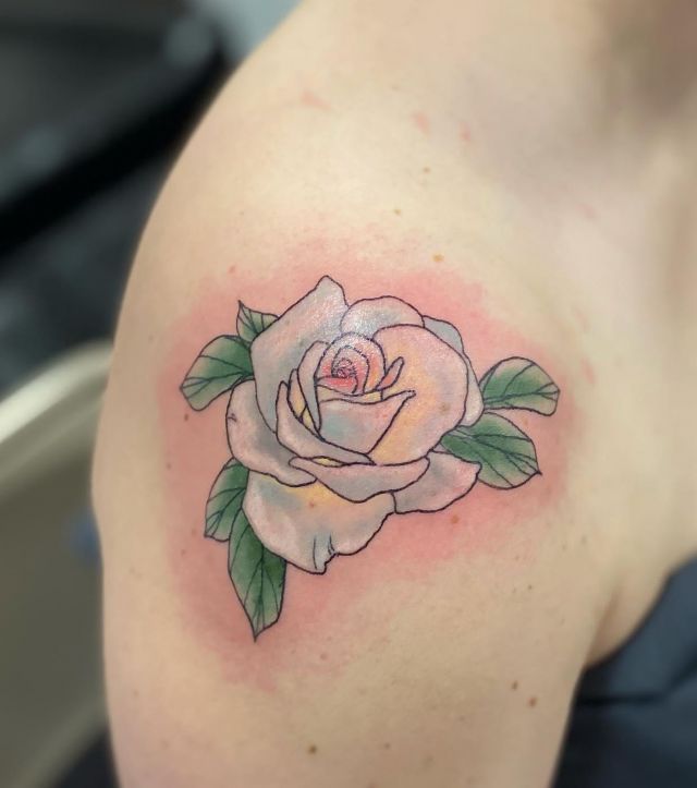Elegent White Rose Tattoo on Shoulder