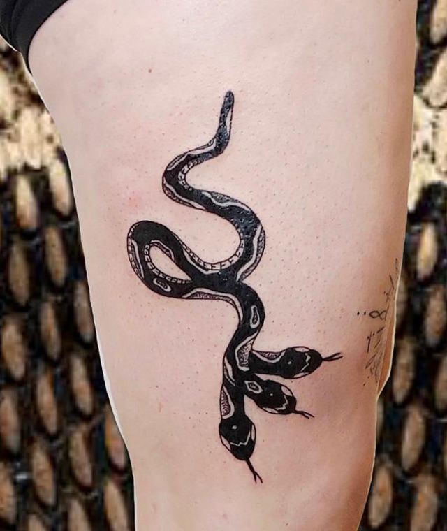 Black 3 Headed Snake Tattoo on Leg