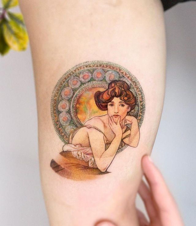 Elegant Alphonse Mucha Tattoo on Arm
