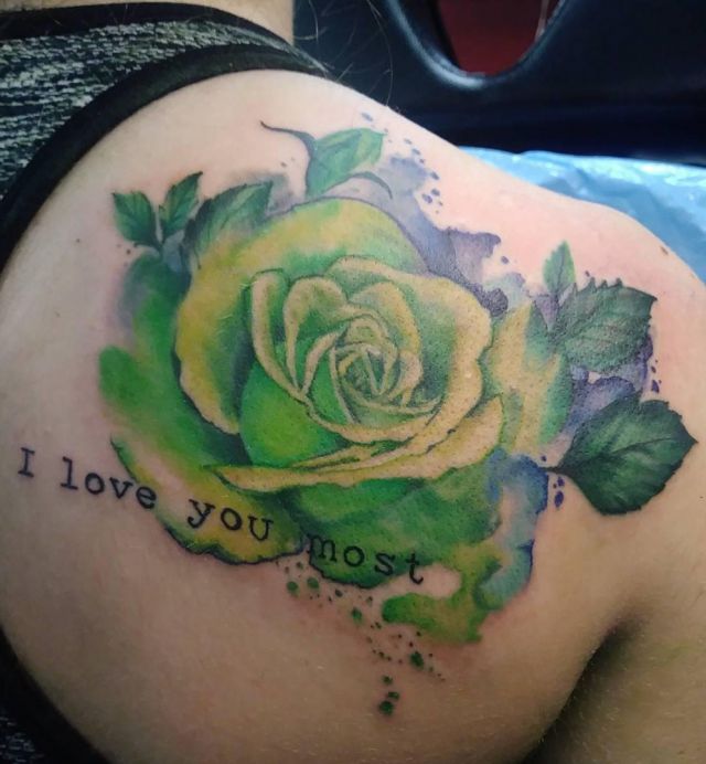Beautiful Green Rose Tattoo on Back