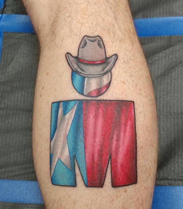 Cute Ironman Triathlon Tattoo with hat on Leg