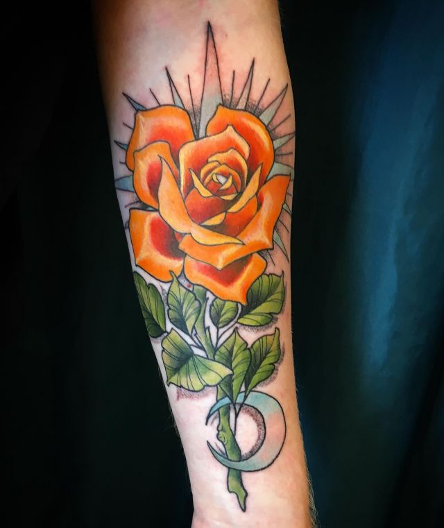 Unique Orange Rose Tattoo on Elbow