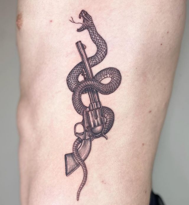 Snake Revolver Tattoo on Waist