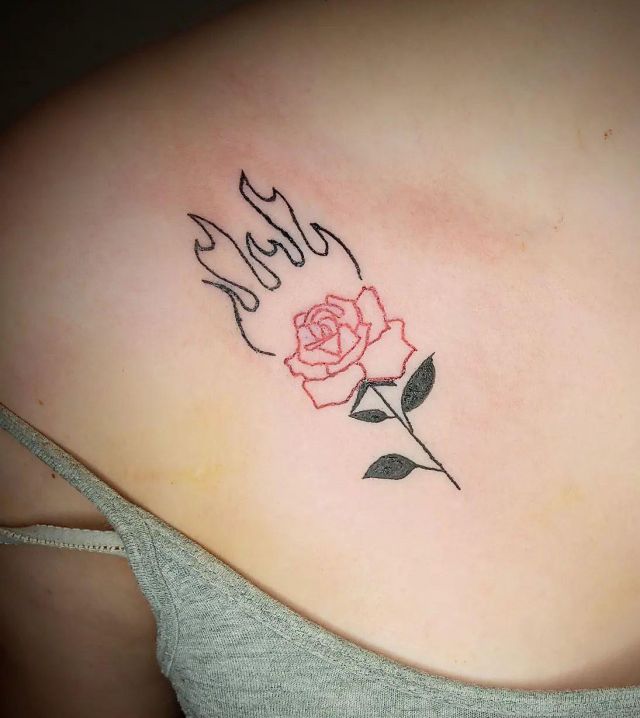 Beautiful Rose on Fire Tattoo on Clavicle