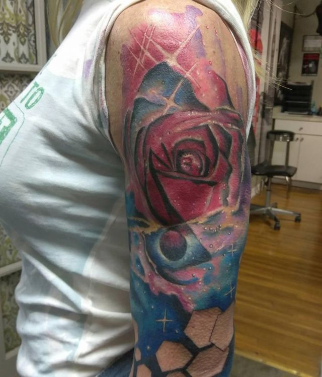 Beautiful Space Rose Tattoo on Shoulder