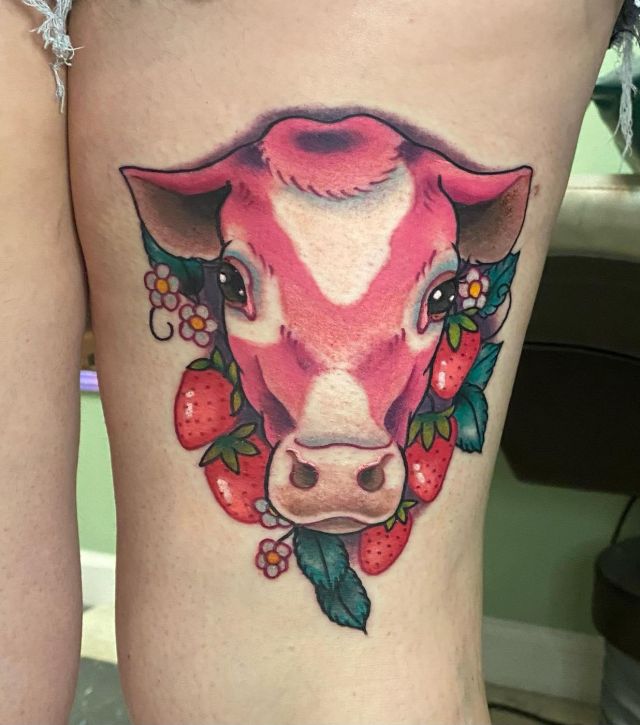 Beautiful Strawberry Cow Tattoo on Thigh