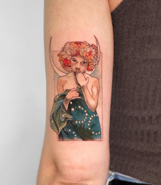 Unique Alphonse Mucha Tattoo on Arm