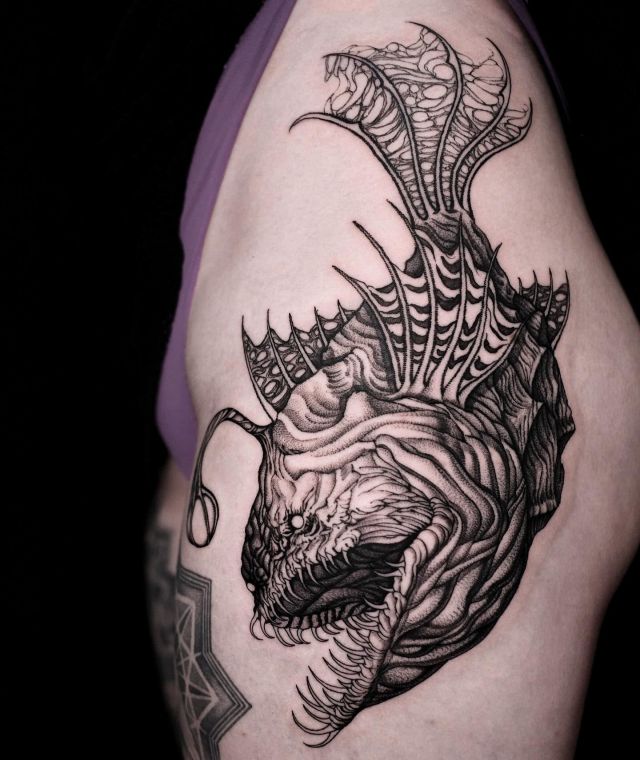 Unique Angler Fish Tattoo on Shoulder