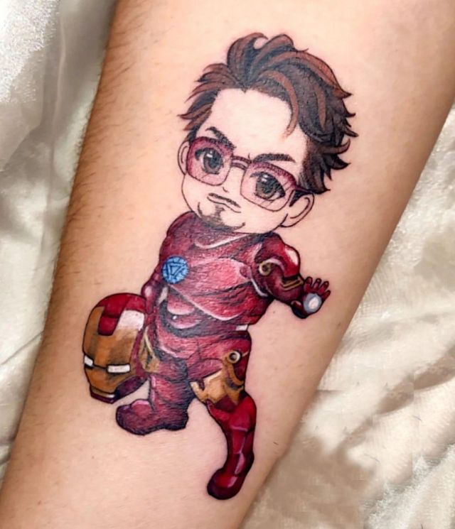 Cute Cartoon Ironman Tattoo on Leg