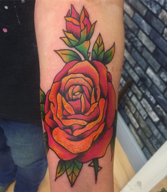 Unique Orange Rose Tattoo on Arm