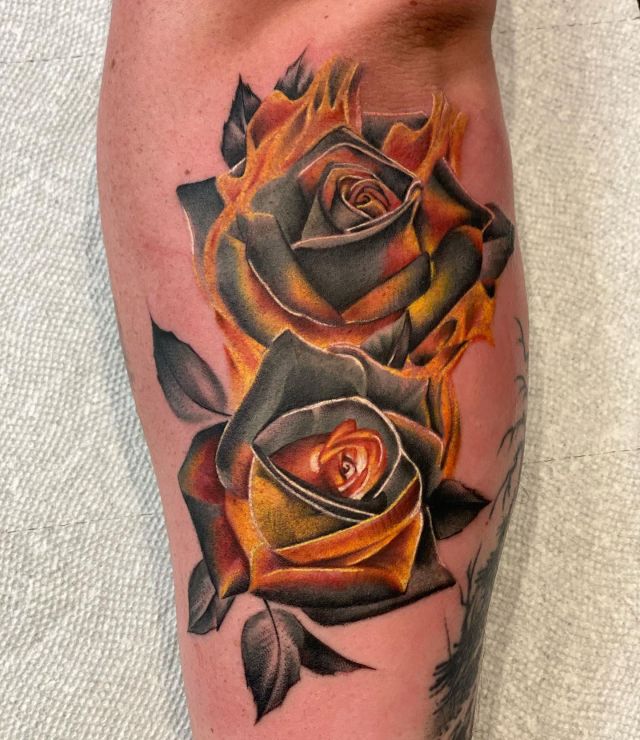 Black Rose on Fire Tattoo on Leg